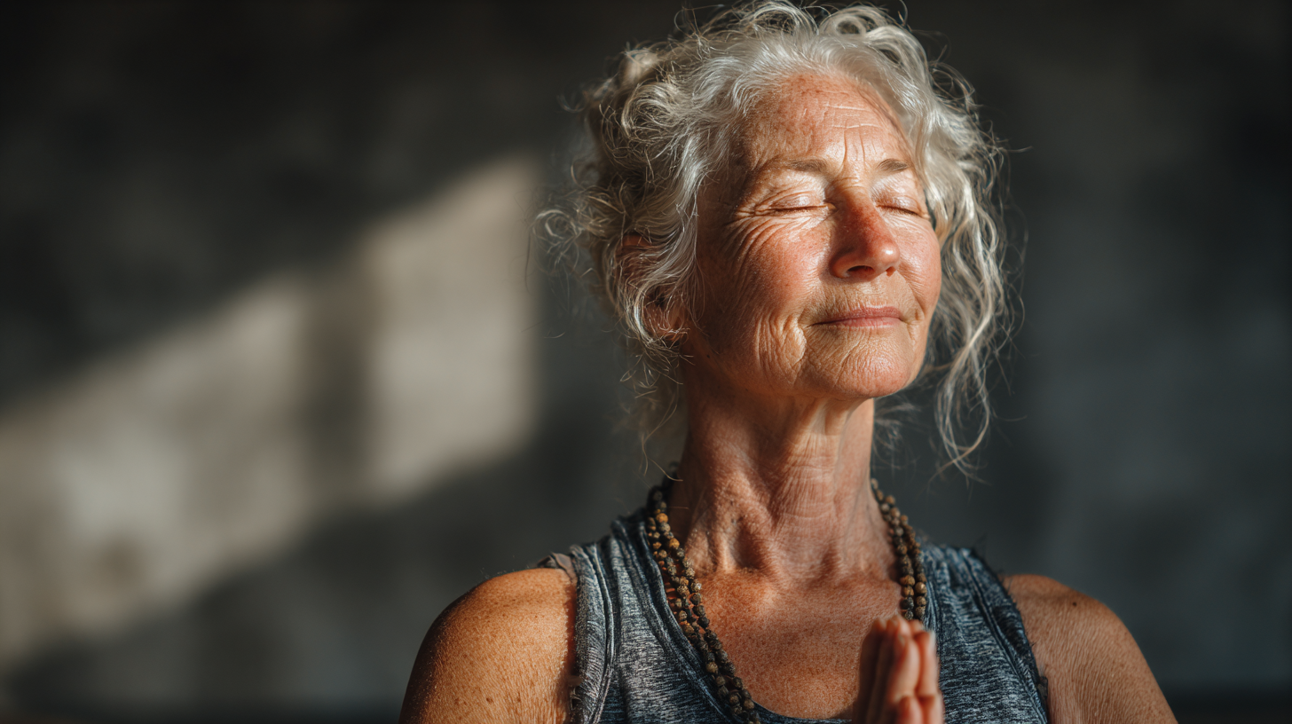 Старша жінка практикує йогу на природі